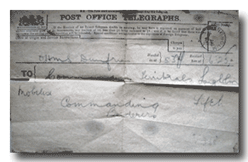 Telegram sent on 4th August 1914 ordering Langholm detachment of B compnay to mobilise